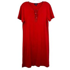Chaps Short Sleeve Red T-Shirt Dress Knee Length Lace Up Large